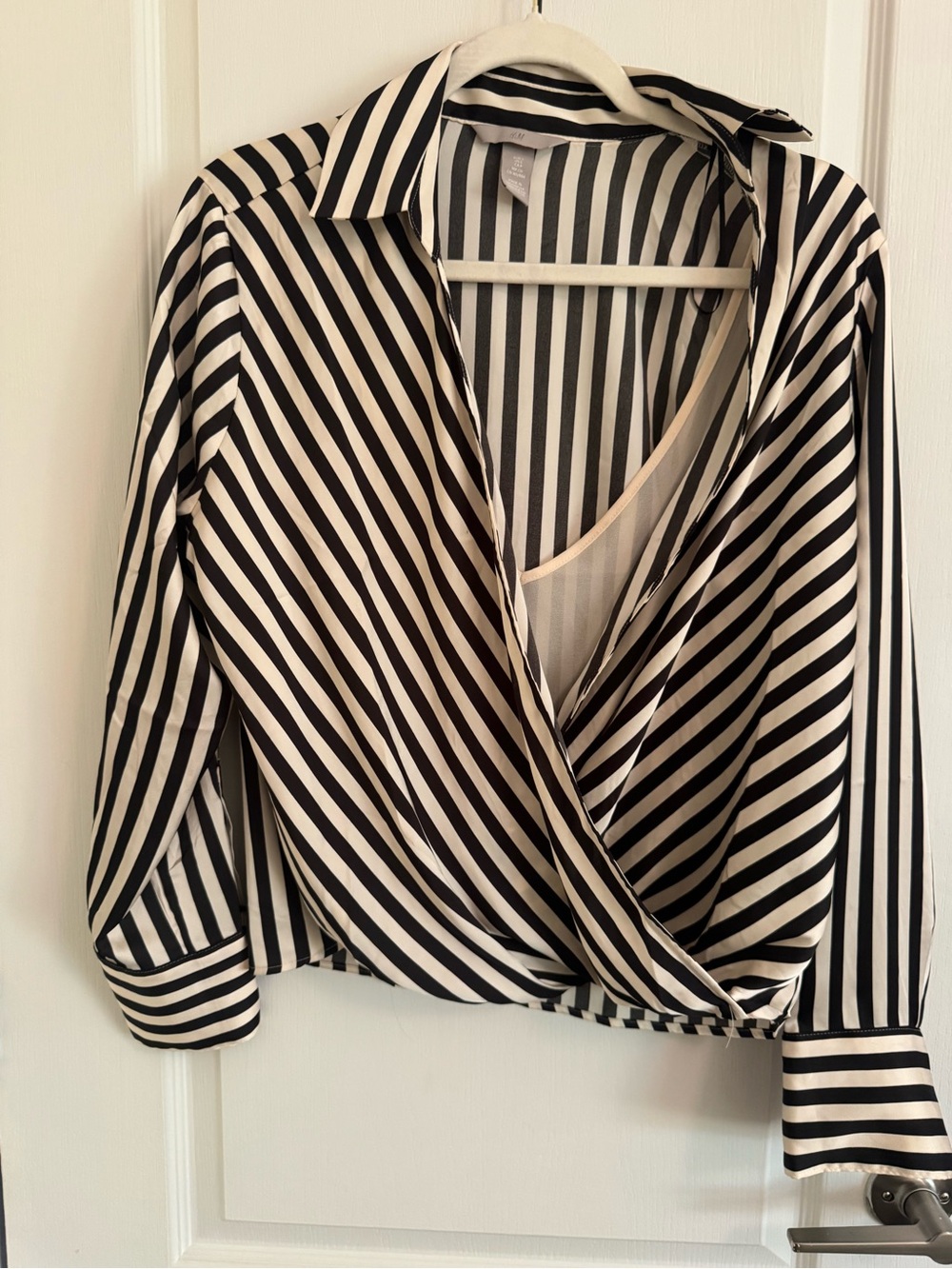 H&M Black & White Striped Wrap Button-Down Blouse